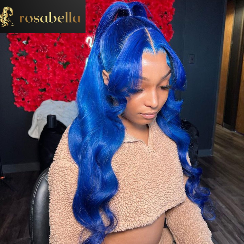 180% Blue Color 5X5 Lace Closure Wig 13X4 Lace Front Human Hair Wigs with Baby Hair Transparent Frontal Body Wave Wig