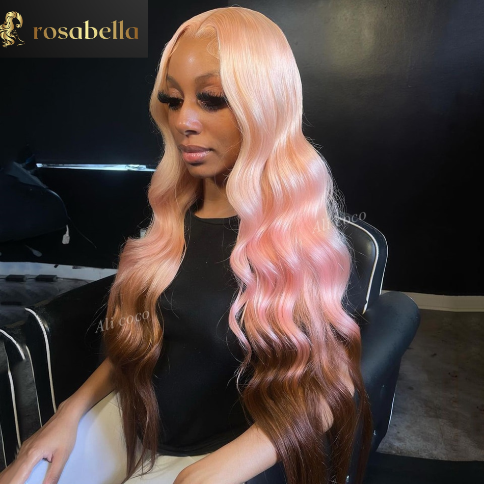 180% Ombre Pink Brown Colored Body Wave Human Hair Wigs  Brazilian Remy Hair Transparent Lace Frontal Wig