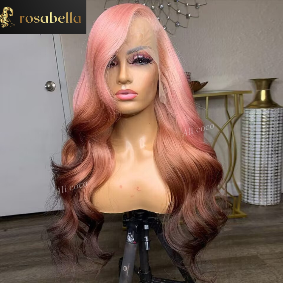 180% Ombre Pink Brown Colored Body Wave Human Hair Wigs  Brazilian Remy Hair Transparent Lace Frontal Wig