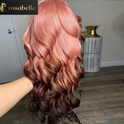 180% Ombre Pink Brown Colored Body Wave Human Hair Wigs  Brazilian Remy Hair Transparent Lace Frontal Wig