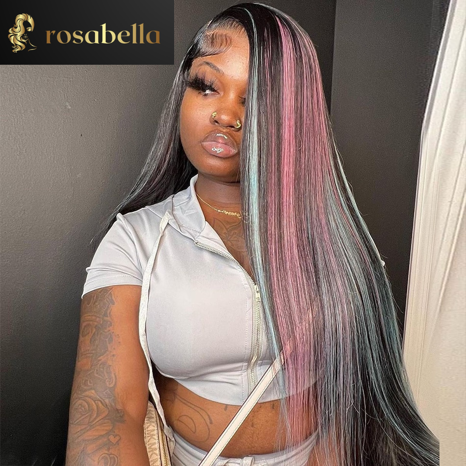 28 30 Inch 180% Density HD 13X6 Human Hair Lace Frontal Wigs   Highlight Pink with Green Color Straight Lace Front Wig