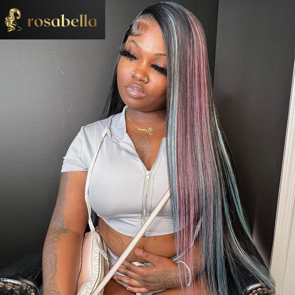 28 30 Inch 180% Density HD 13X6 Human Hair Lace Frontal Wigs   Highlight Pink with Green Color Straight Lace Front Wig