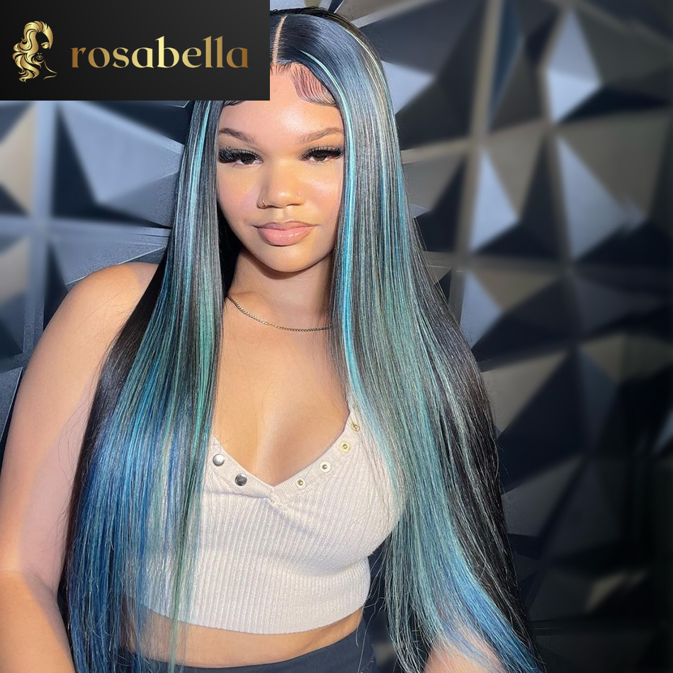 Highlight Sky Blue Straight Lace Frontal 13X4 13x6 Human Hair Wigs