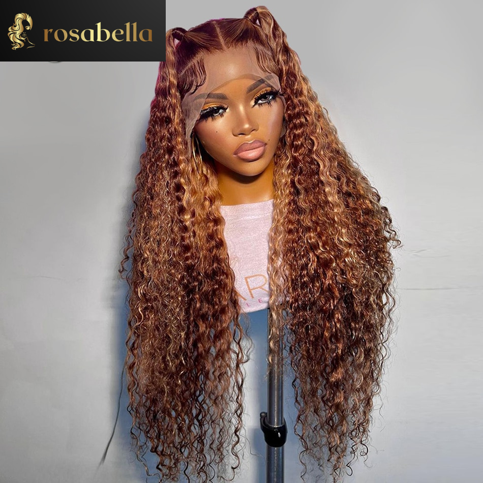 Highlight Brown Transparent 13x6 13x4 Lace Frontal Wig Deep Wave Honey Blonde Curly Lace Front Human Hair Wigs