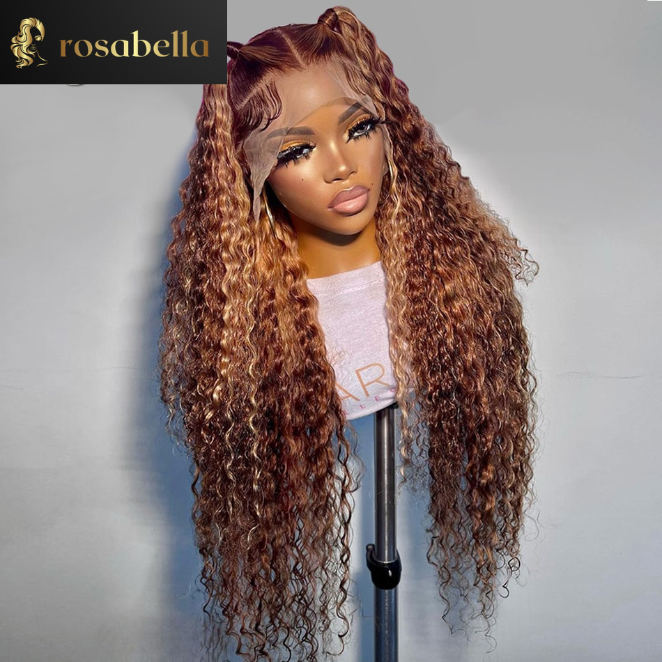 Highlight Brown Transparent 13x6 13x4 Lace Frontal Wig Deep Wave Honey Blonde Curly Lace Front Human Hair Wigs