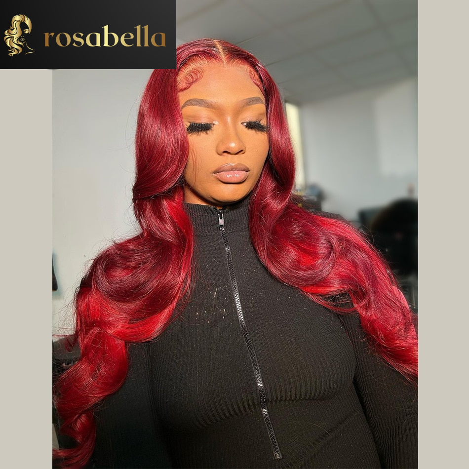 30 32 Inch Ombre Cherry Red Human Hair Body Wave Lace Front Wig 13X6 13X4 Lace Frontal Wig Pre Plucked Transparent Closure Wigs