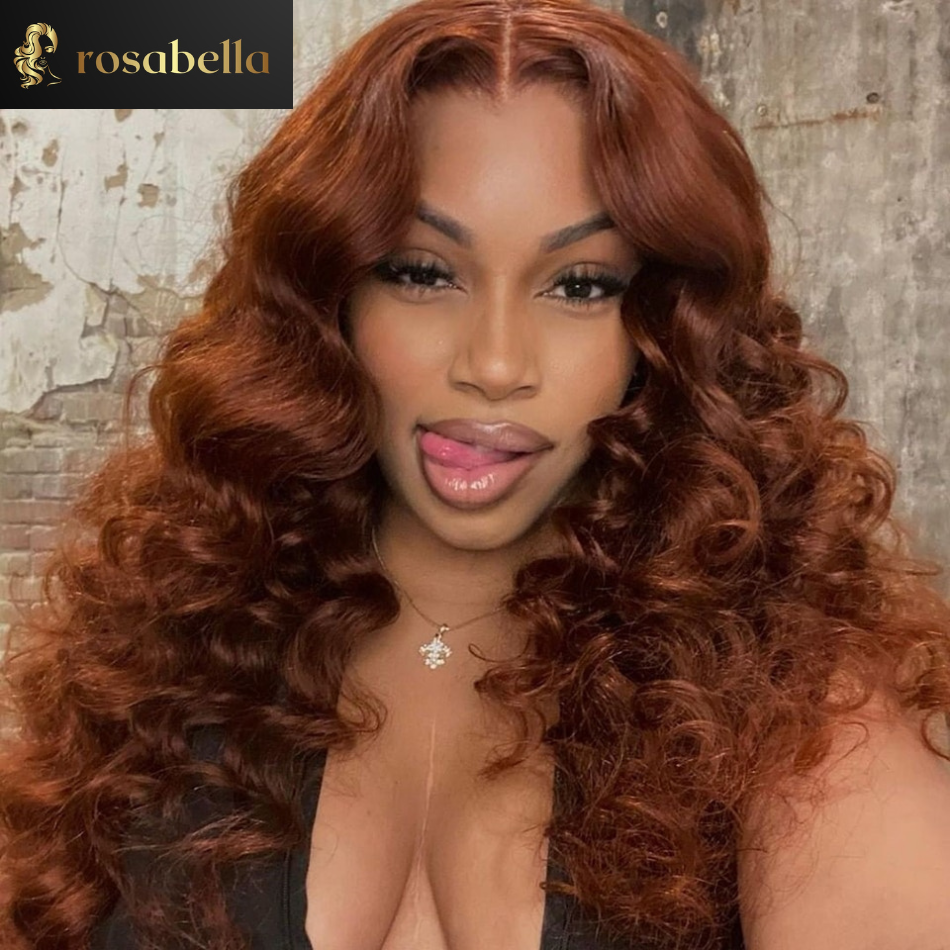 Hair Colored Bouncy Curls Lace Front Wig Human Hair Brazilian Copper Brown Loose Deep Wave 5x5 Closure Wigs