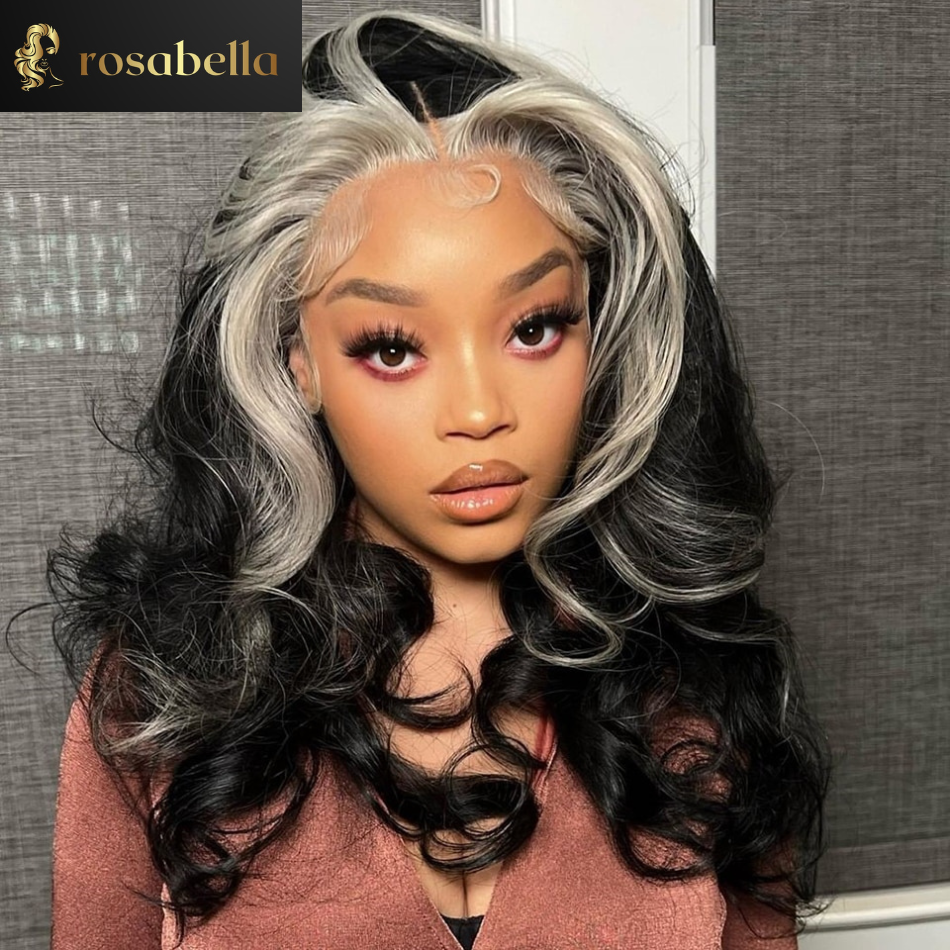 Black With Grey Wig Human Hair 13x4 Transparent Lace Frontal Wig Human Hair Body Wave Brazilian Hair Wigs Pre Plucked