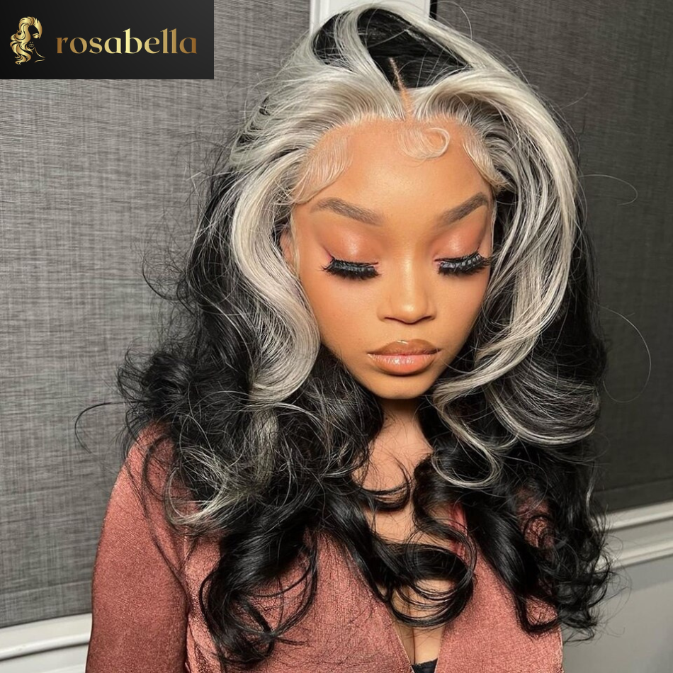 Black With Grey Wig Human Hair 13x4 Transparent Lace Frontal Wig Human Hair Body Wave Brazilian Hair Wigs Pre Plucked