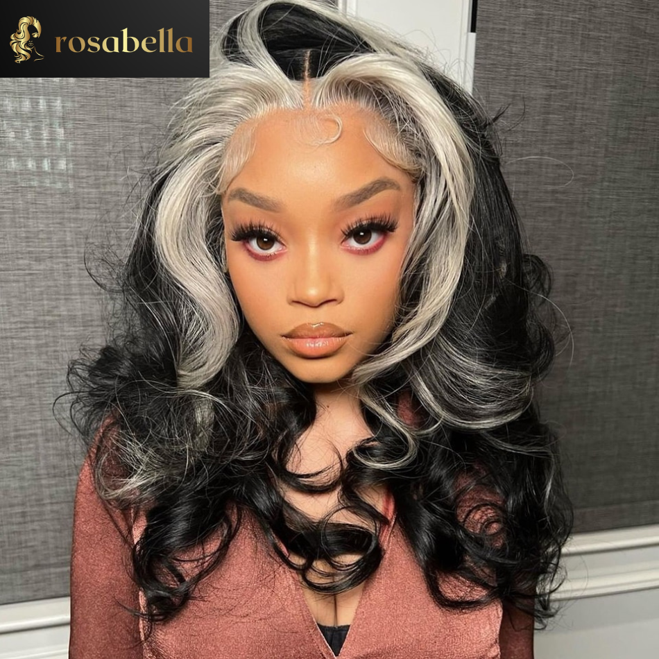 Black With Grey Wig Human Hair 13x4 Transparent Lace Frontal Wig Human Hair Body Wave Brazilian Hair Wigs Pre Plucked