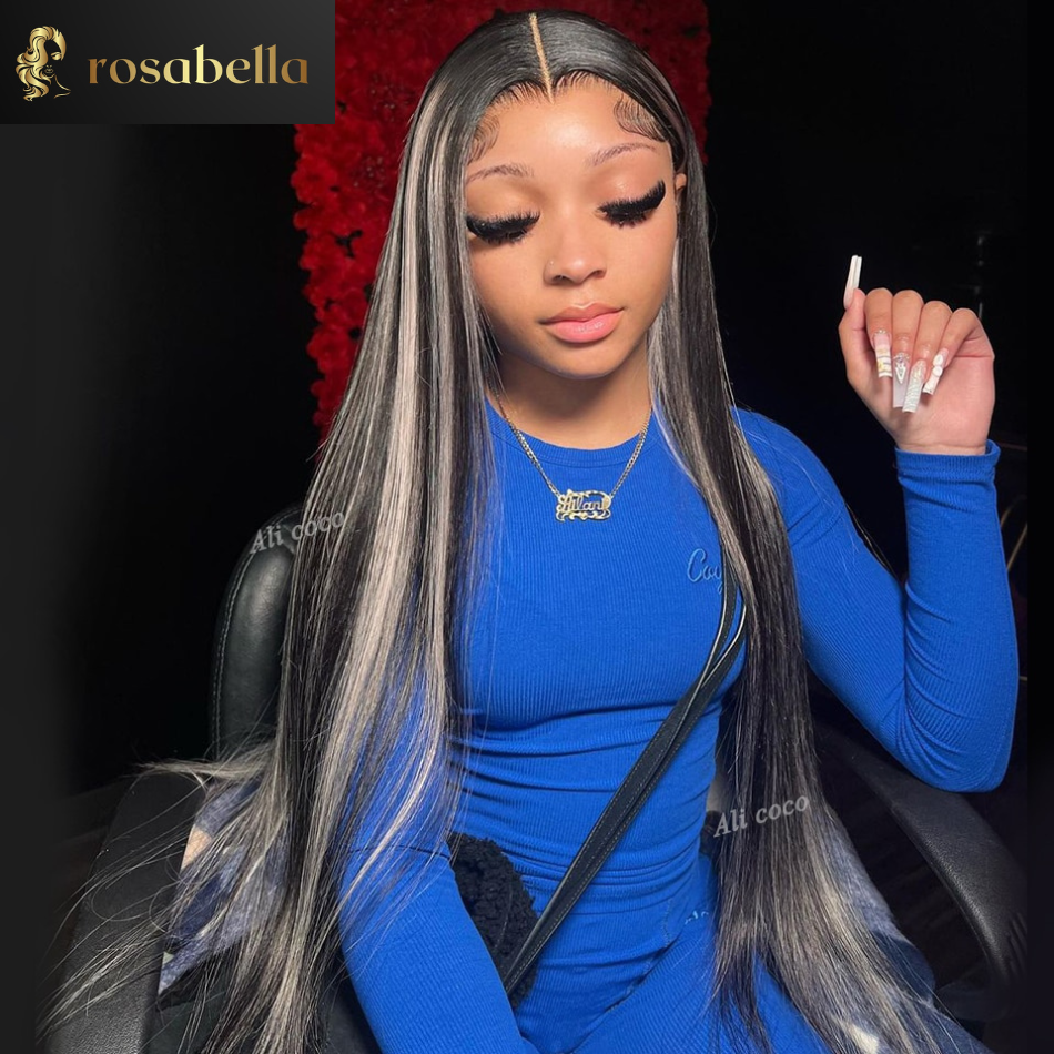 Black With Blonde Highlights Lace Front Wig Highlight Blonde Colored Human Hair Wigs HD 5X5 Lace Closure Wig