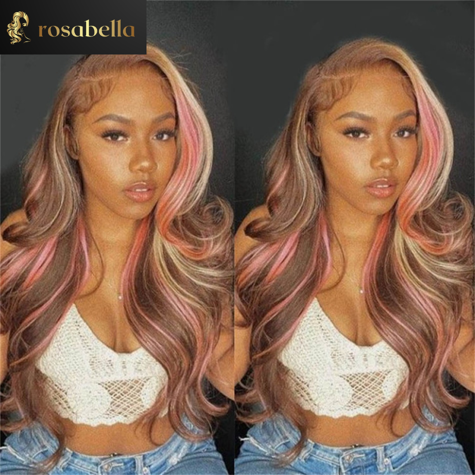 Ombre Blonde Pink Highlight Wig Transparent 13X6 Body Wave Lace Front Wig Brazilian 13X4 Full Lace Frontal Human Hair Wigs