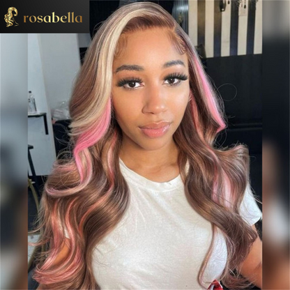 Ombre Blonde Pink Highlight Wig Transparent 13X6 Body Wave Lace Front Wig Brazilian 13X4 Full Lace Frontal Human Hair Wigs