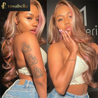 Ombre Blonde Pink Highlight Wig Transparent 13X6 Body Wave Lace Front Wig Brazilian 13X4 Full Lace Frontal Human Hair Wigs