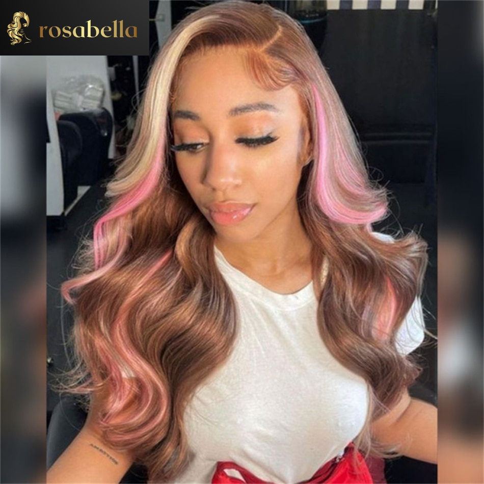 Ombre Blonde Pink Highlight Wig Transparent 13X6 Body Wave Lace Front Wig Brazilian 13X4 Full Lace Frontal Human Hair Wigs