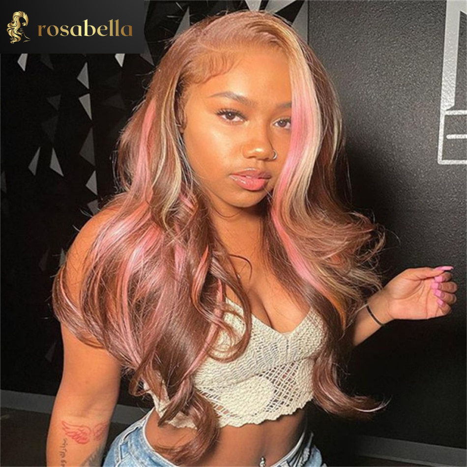 Ombre Blonde Pink Highlight Wig Transparent 13X6 Body Wave Lace Front Wig Brazilian 13X4 Full Lace Frontal Human Hair Wigs