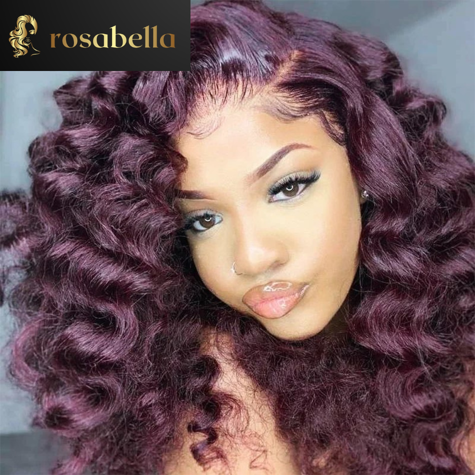 Transparent 13X4 13X6 Dark Purple Loose Wave Human Hair Wigs Peruvian Virgin Wigs  5X5 Lace Closure Wig 200%