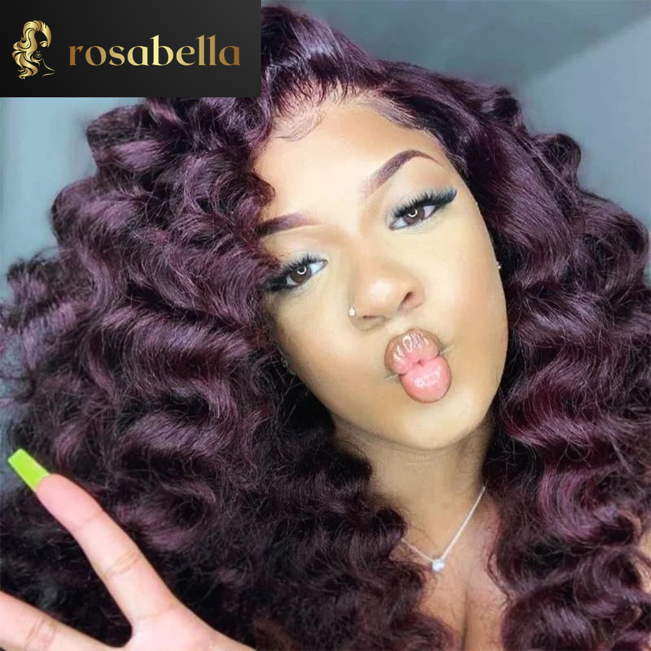 Transparent 13X4 13X6 Dark Purple Loose Wave Human Hair Wigs Peruvian Virgin Wigs  5X5 Lace Closure Wig 200%