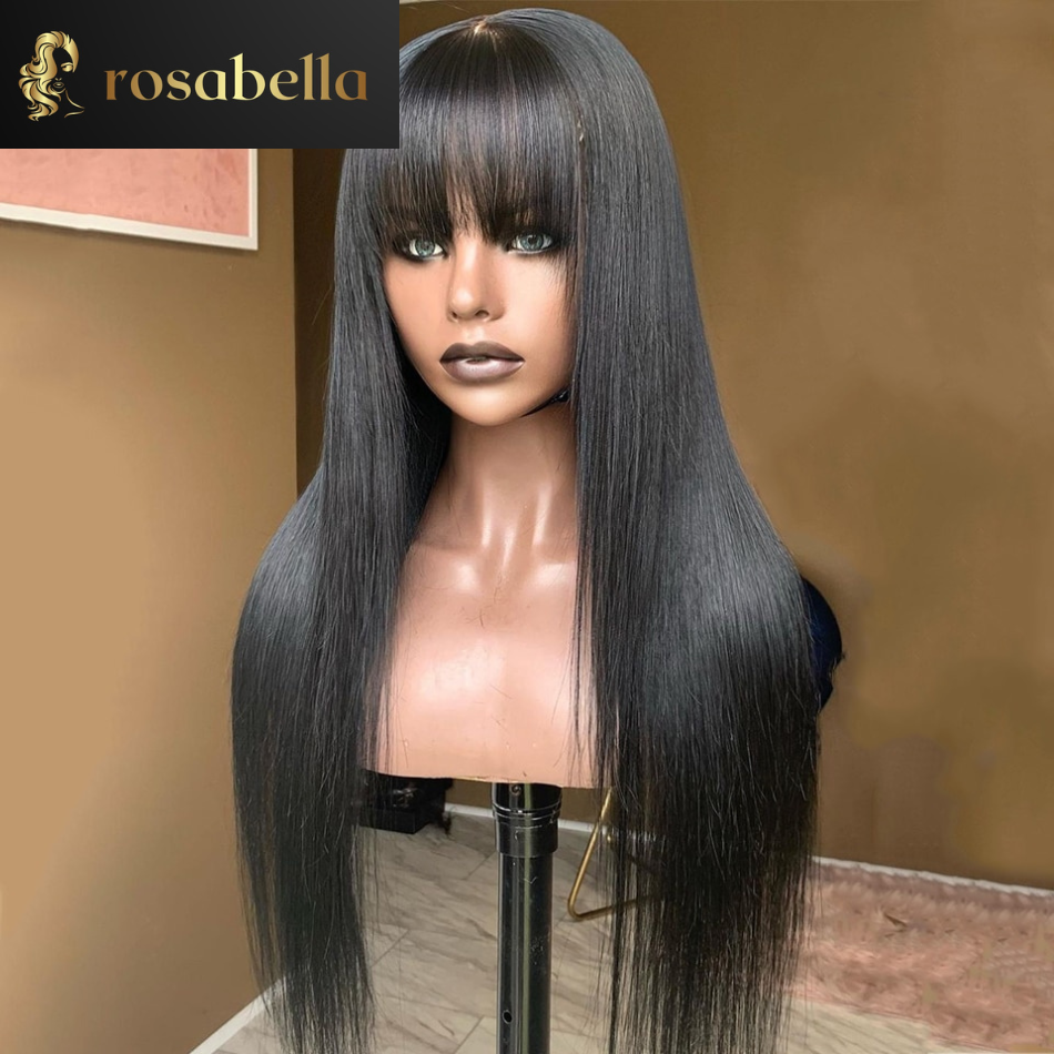 Full Machine Human Hair Wigs Machine Made Glueless Remy Brazilian Straight Lace Wig With Bangs 30 Inches