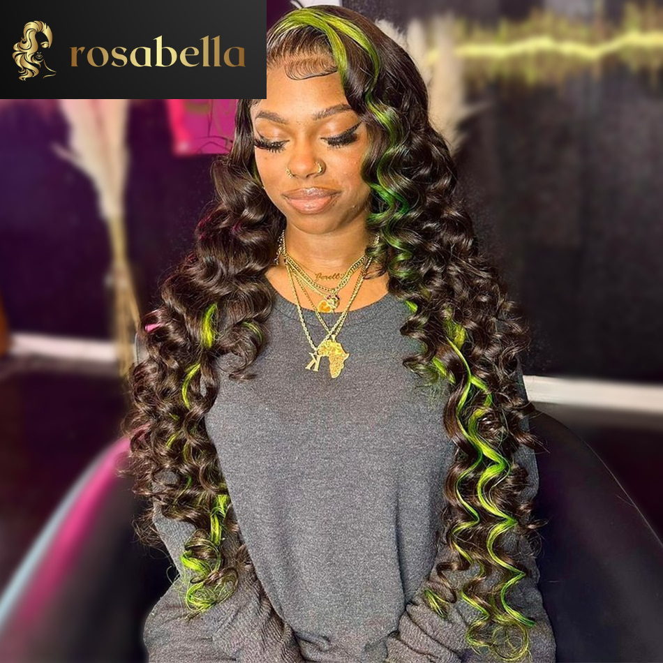 Curly Green Highlight Loose Wave Lace Frontal Wig