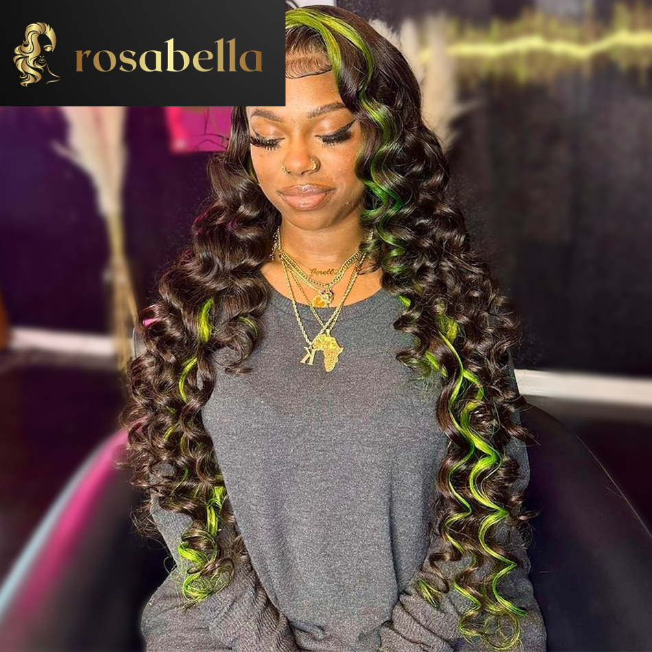 Curly Green Highlight Loose Wave Lace Frontal Wig