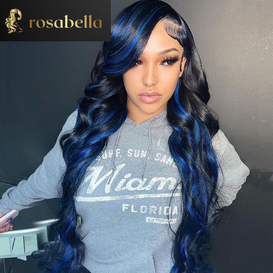 Highlight Blue Body Wave Lace Front Wig HD Transparent 13x4 Lace Frontal Wigs Brazilian Virgin Pre Plucked Human Hair