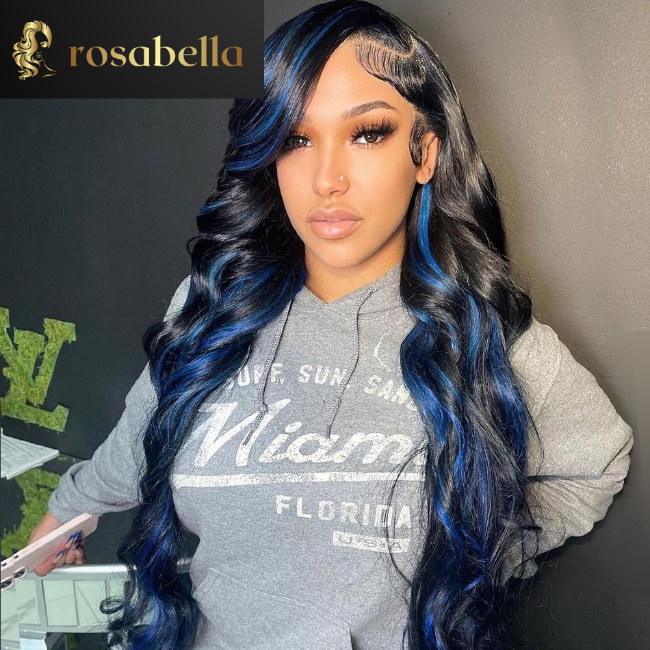 Highlight Blue Body Wave Lace Front Wig HD Transparent 13x4 Lace Frontal Wigs Brazilian Virgin Pre Plucked Human Hair