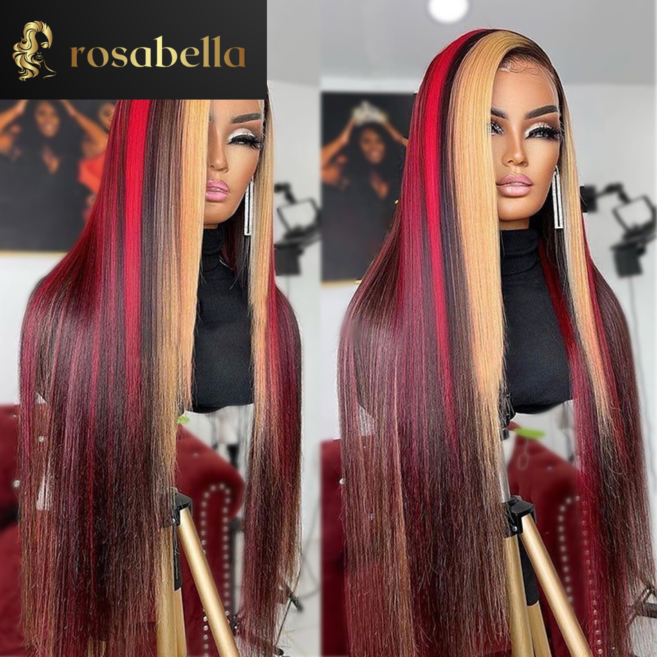 Highlight Dark Burgundy Blonde Body Wave Human Hair Wigs 30 32 Inch Straight Lace Frontal Wigs Red Blonde 5X5 Lace Closure Wigs