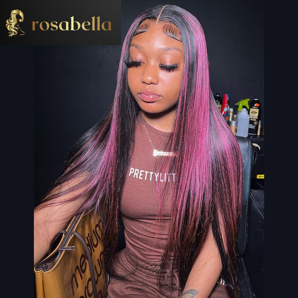 Highlight Rose Pink Bone Straight Human Hair 5X5 Lace Closure Wig Perivian 13X6 13X4 Lace Frontal Wigs