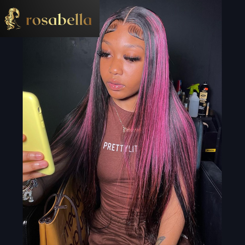 Highlight Rose Pink Bone Straight Human Hair 5X5 Lace Closure Wig Perivian 13X6 13X4 Lace Frontal Wigs