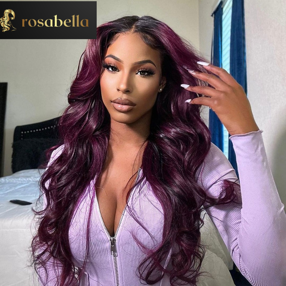 32 Inch Ombre Purple Transparent Lace 5X5 Closure Wig 13X6 Lace Frontal Wig Human Hair 1B/Purple 200% Body Wave Lace Front Wigs