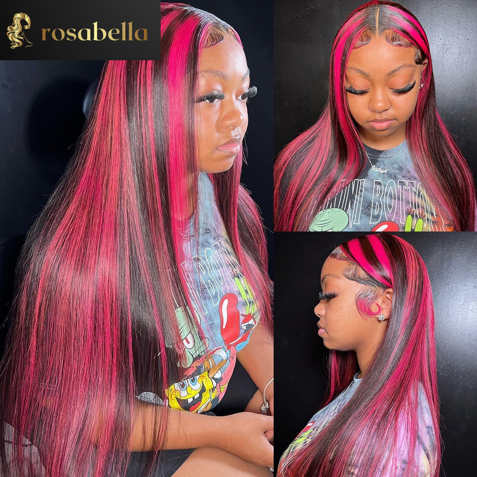 Pink Highlight Colored Wig 5X5 Lace Closure Human Hair Wigs 13x6 Transparent Lace Frontal Wig Brazilian Long Straight
