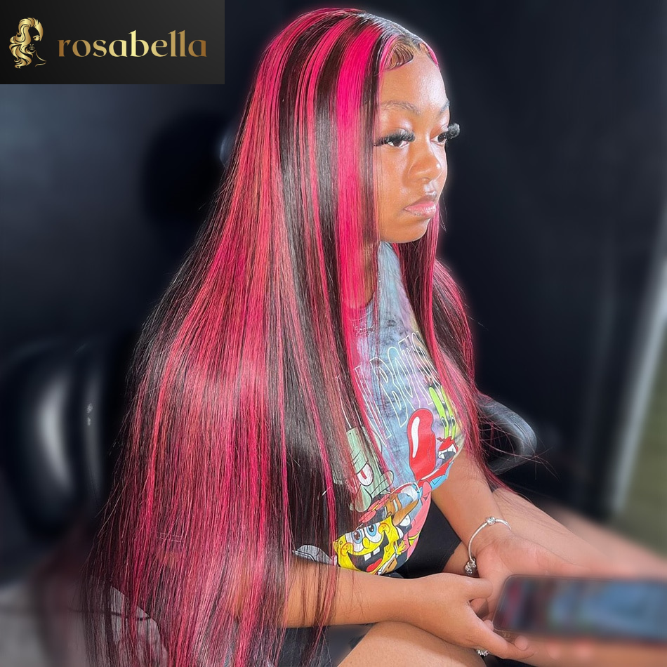 Pink Highlight Colored Wig 5X5 Lace Closure Human Hair Wigs 13x6 Transparent Lace Frontal Wig Brazilian Long Straight