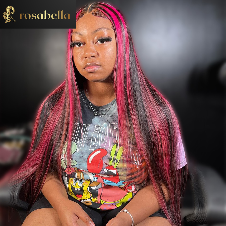 Pink Highlight Colored Wig 5X5 Lace Closure Human Hair Wigs 13x6 Transparent Lace Frontal Wig Brazilian Long Straight