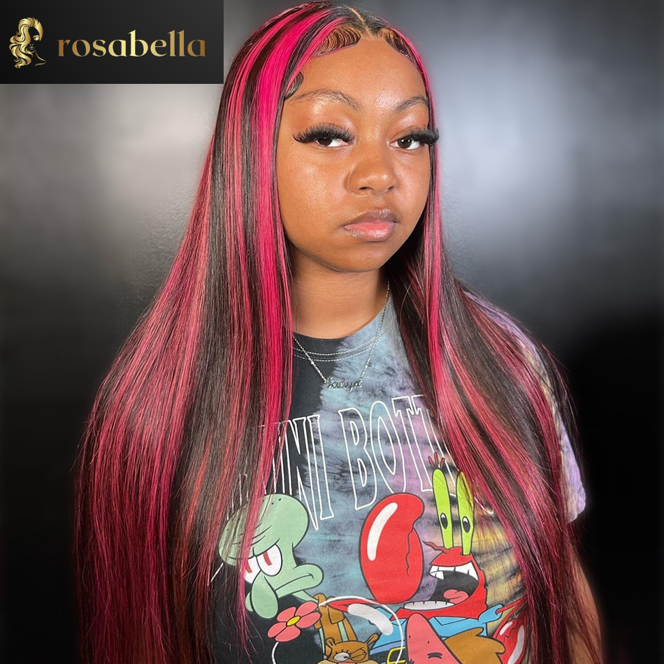 Pink Highlight Colored Wig 5X5 Lace Closure Human Hair Wigs 13x6 Transparent Lace Frontal Wig Brazilian Long Straight