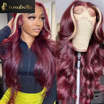 Burgundy 99j Red With 613 Blonde Stripe Lace Front Wig Pre Plucked 13x6 Lace Frontal Human Hair Highlight Wigs