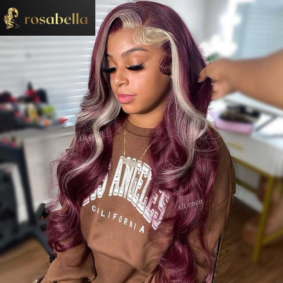 Burgundy 99j Red With 613 Blonde Stripe Lace Front Wig Pre Plucked 13x6 Lace Frontal Human Hair Highlight Wigs