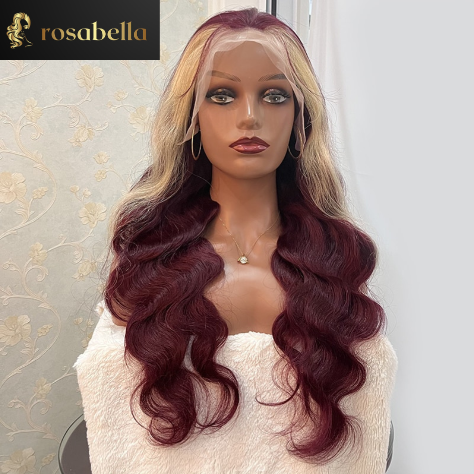 Burgundy 99j Red With 613 Blonde Stripe Lace Front Wig Pre Plucked 13x6 Lace Frontal Human Hair Highlight Wigs