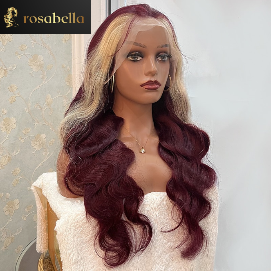 Burgundy 99j Red With 613 Blonde Stripe Lace Front Wig Pre Plucked 13x6 Lace Frontal Human Hair Highlight Wigs