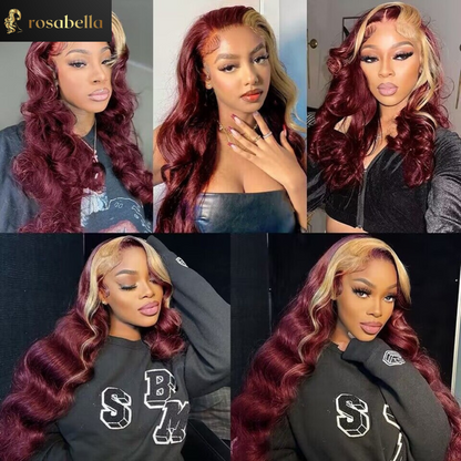 Burgundy 99j Red With 613 Blonde Stripe Lace Front Wig Pre Plucked 13x6 Lace Frontal Human Hair Highlight Wigs