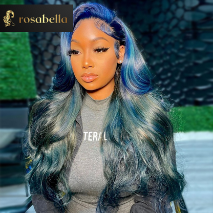 Wavy 13X6 Human Hair Lace Frontal Wig Highlight Ombre Blue with Black Lace Closure Wig 13X4 Body Wave Lace Front Wigs