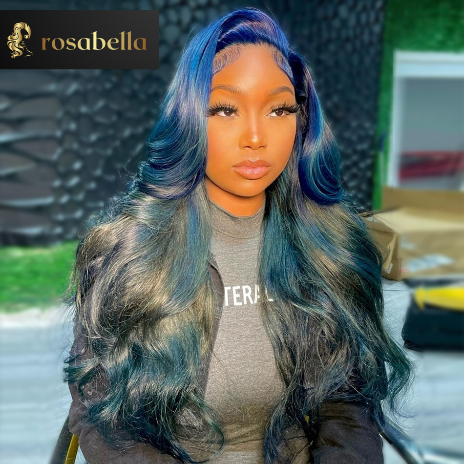 Wavy 13X6 Human Hair Lace Frontal Wig Highlight Ombre Blue with Black Lace Closure Wig 13X4 Body Wave Lace Front Wigs