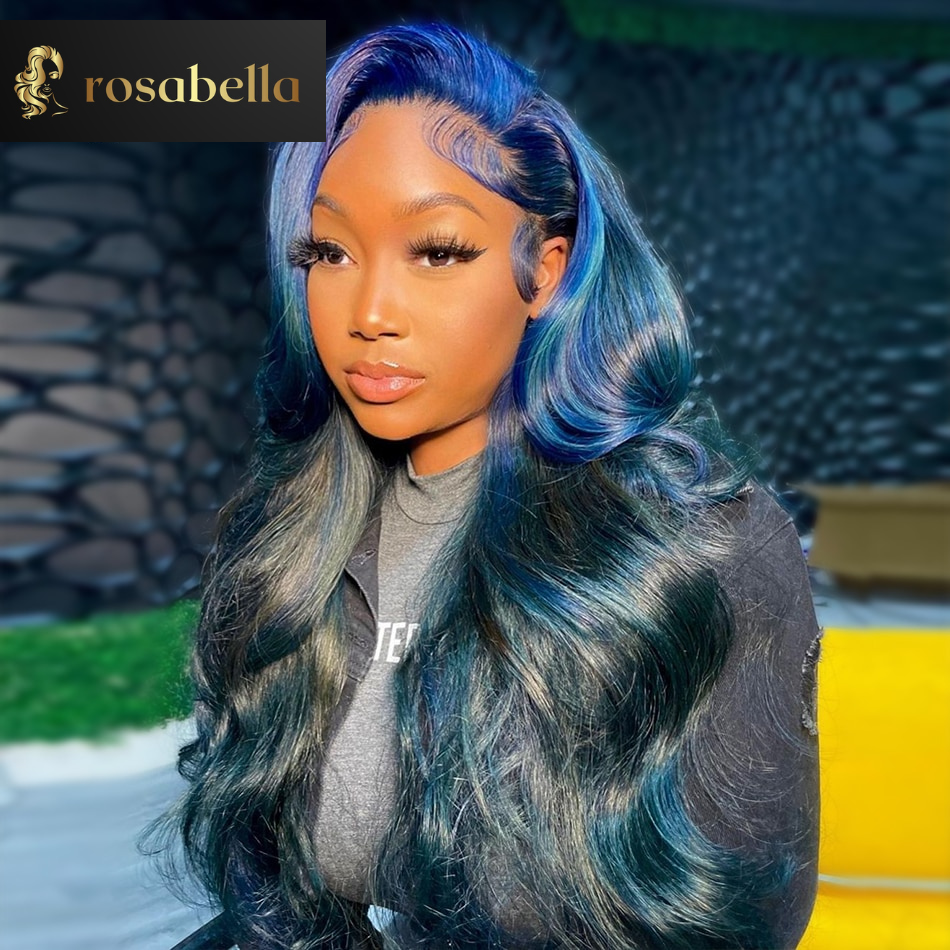 Wavy 13X6 Human Hair Lace Frontal Wig Highlight Ombre Blue with Black Lace Closure Wig 13X4 Body Wave Lace Front Wigs