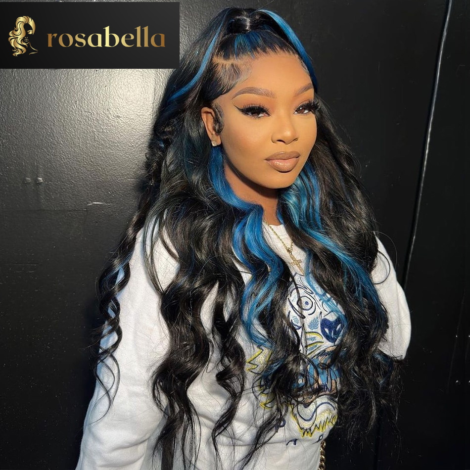 Blue With Black Highlight Colored Body Wave Lace Front Wig PrePlucked 5x5 Lace Closure Wig Human Hair