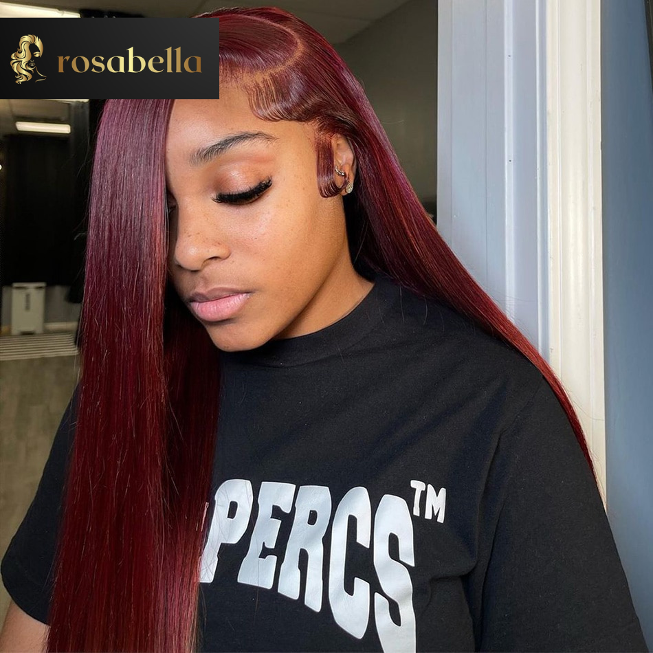 Red Burgundy Bone Straight Lace Front Wig Human Hair Transparent 5x5 Lace Closure Wig 99J 13x6/13x4 Lace Frontal Wigs