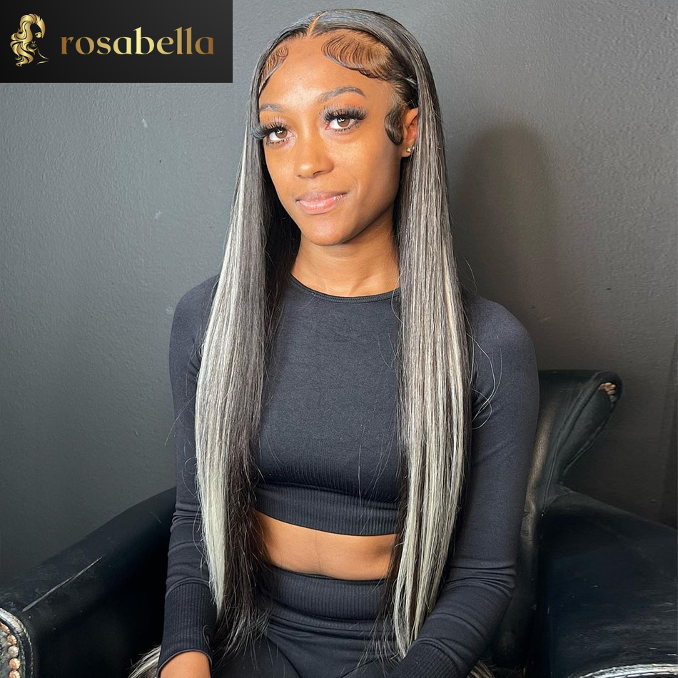 Straight Colored Lace Front Wig Silver Grey And Black Highlight 5X5 Lace Closure Wig 13X6 Human Hair Lace Frontal Wigs