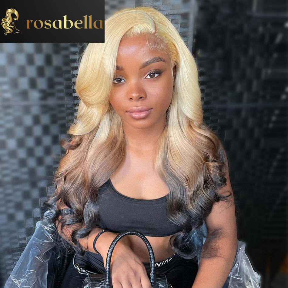 HD 13X6 Lace Frontal Wig Body Wave Ombre Blonde Brown Black Ends Human Hair 30Inch T613/