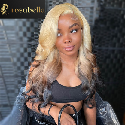 HD 13X6 Lace Frontal Wig Body Wave Ombre Blonde Brown Black Ends Human Hair 30Inch T613/