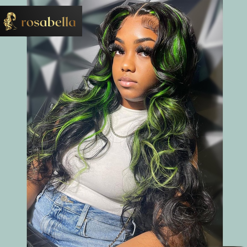 Green Highlight 13X6 Body Wave Lace Frontal Wig Ombre Green Virgin Human Hair Wigs Pre Plucked Transparent Lace Closure 5X5 Wig