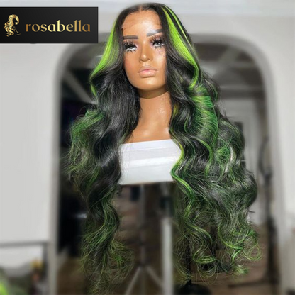 Green Highlight 13X6 Body Wave Lace Frontal Wig Ombre Green Virgin Human Hair Wigs Pre Plucked Transparent Lace Closure 5X5 Wig